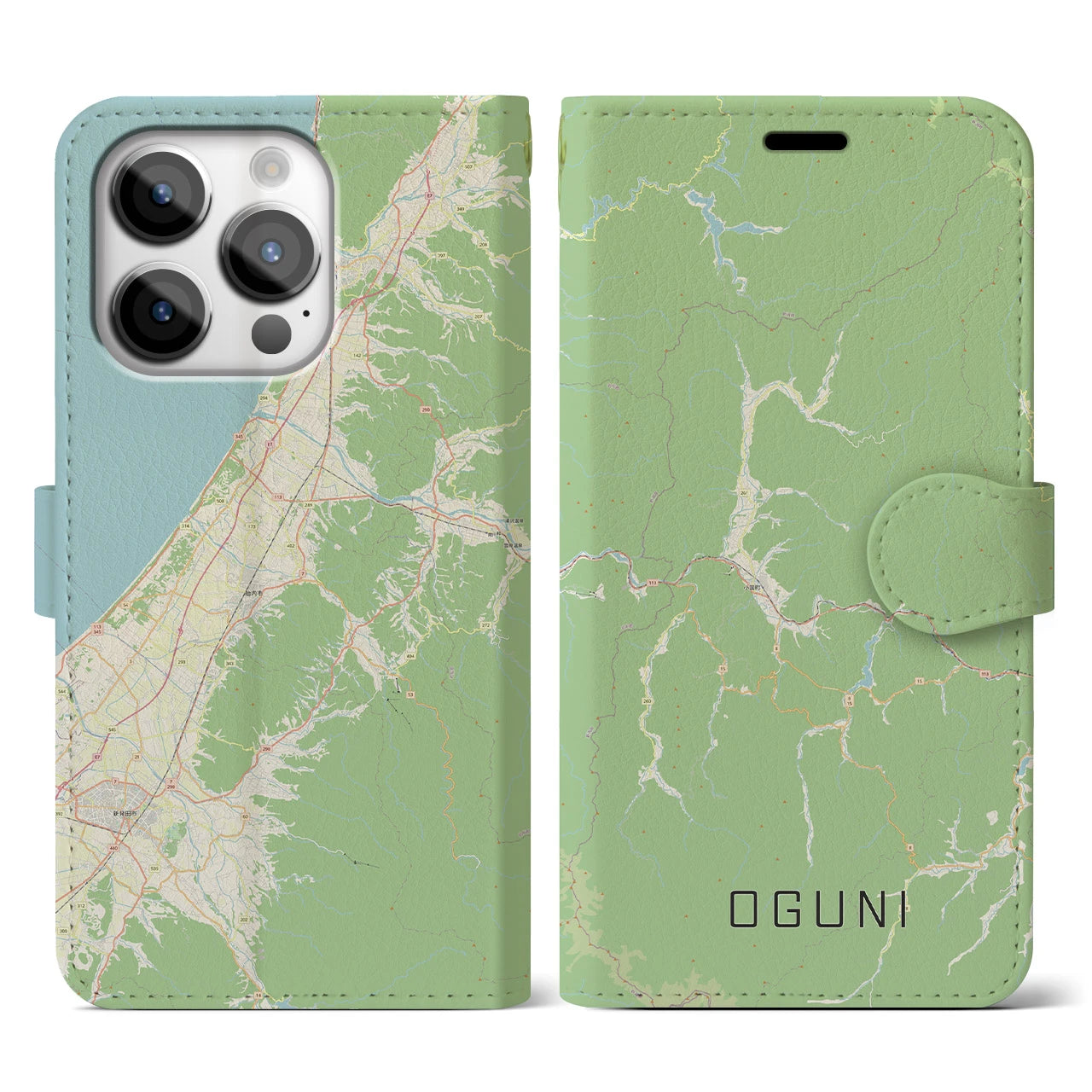 【小国(山形県)】地図柄iPhoneケース(手帳タイプ)ナチュラル・iPhone 14 Pro 用