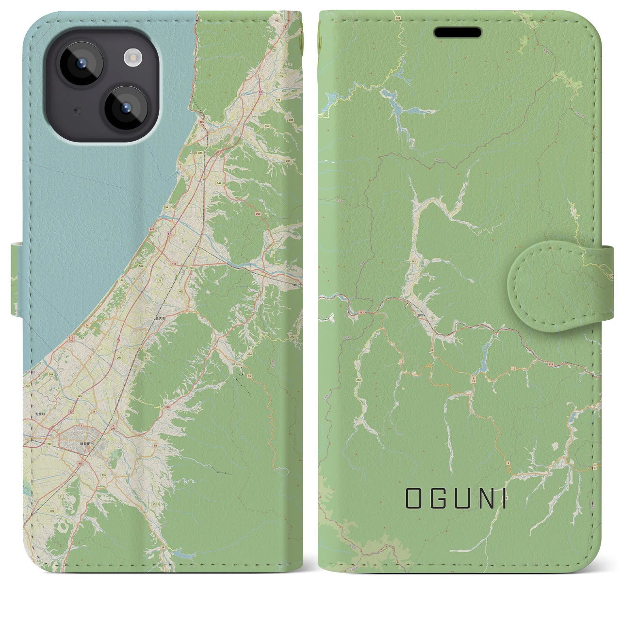【小国(山形県)】地図柄iPhoneケース(手帳タイプ)ナチュラル・iPhone 14 Plus 用