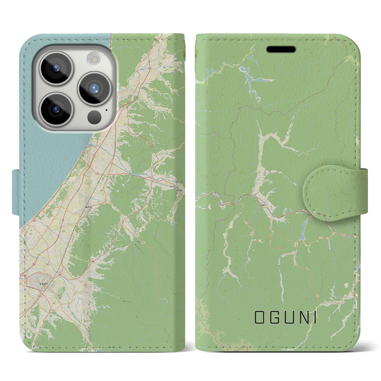 【小国(山形県)】地図柄iPhoneケース(手帳タイプ)ナチュラル・iPhone 15 Pro 用