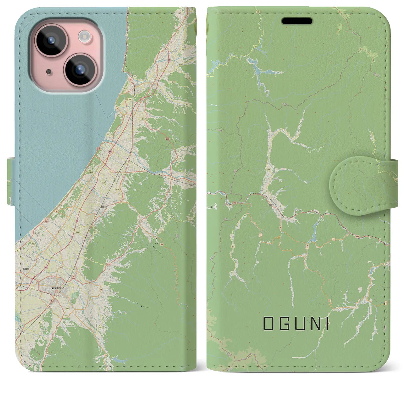 【小国(山形県)】地図柄iPhoneケース(手帳タイプ)ナチュラル・iPhone 15 Plus 用