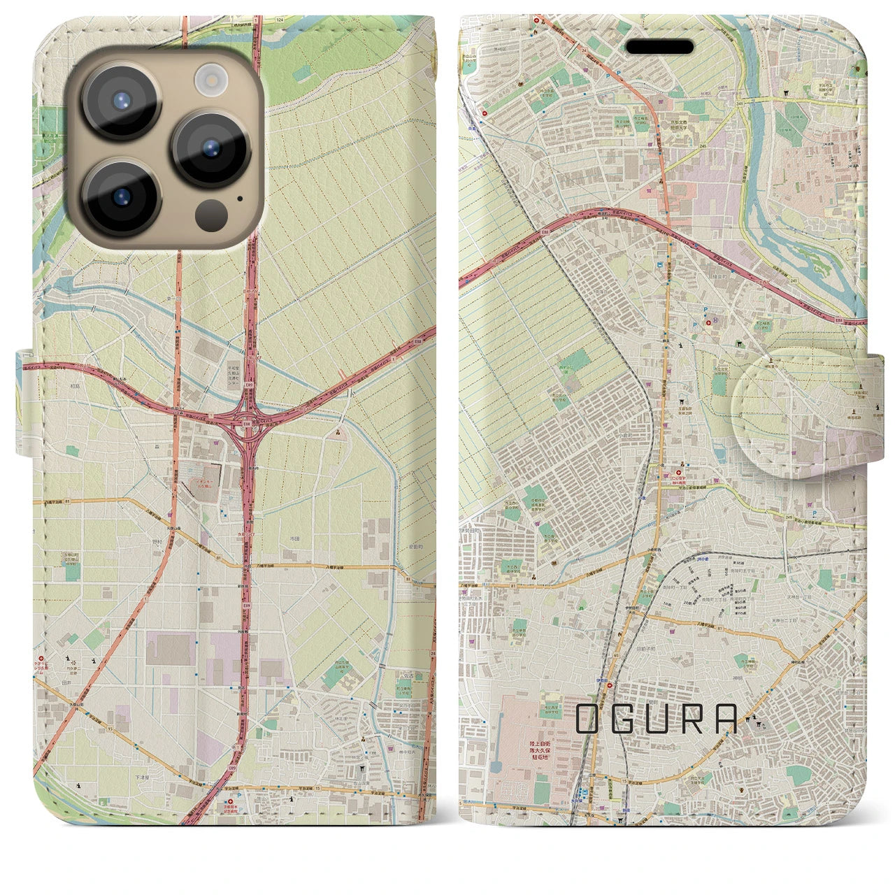 【小倉(京都府)】地図柄iPhoneケース(手帳タイプ)ナチュラル・iPhone 14 Pro Max 用