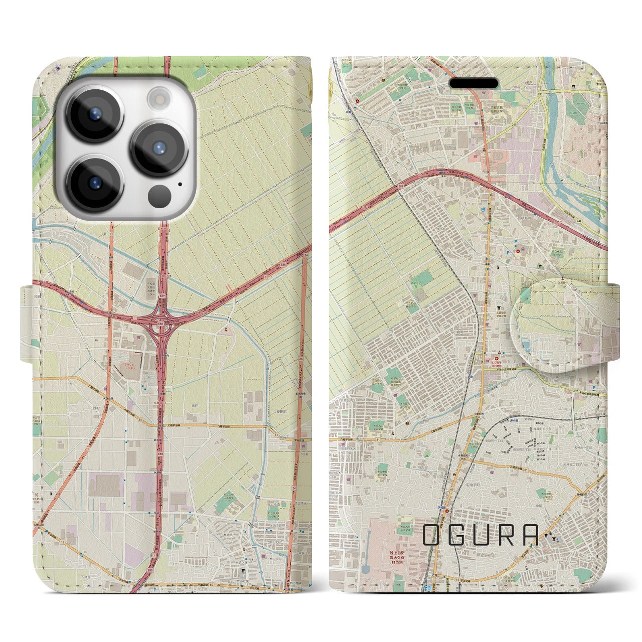 【小倉(京都府)】地図柄iPhoneケース(手帳タイプ)ナチュラル・iPhone 14 Pro 用