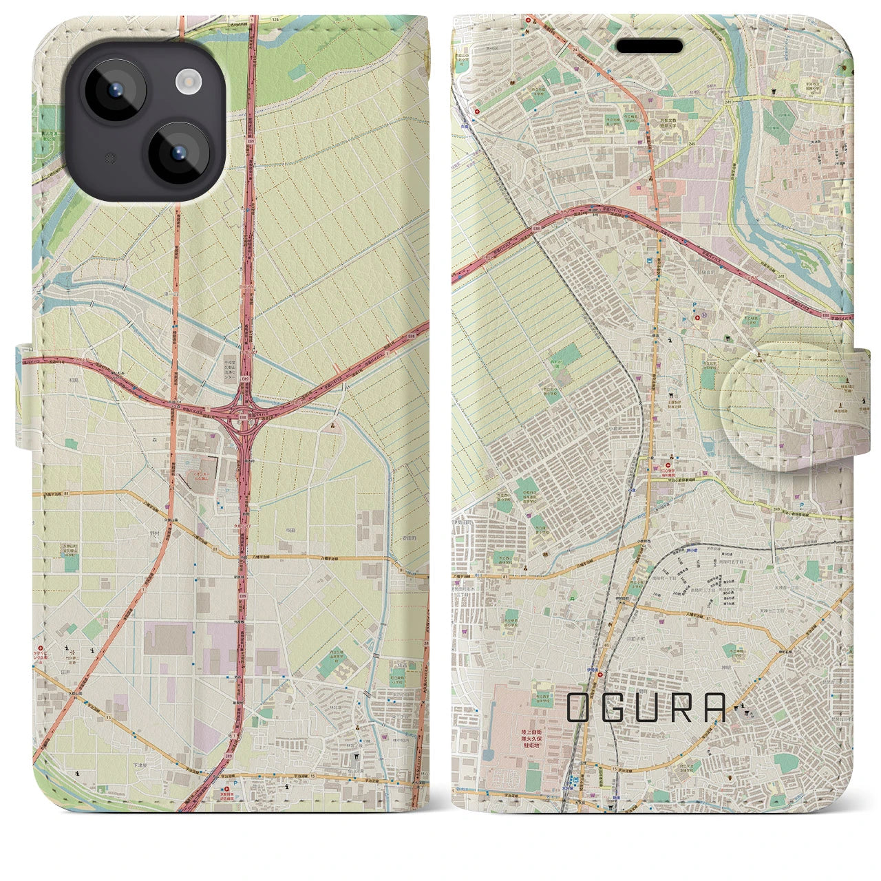 【小倉(京都府)】地図柄iPhoneケース(手帳タイプ)ナチュラル・iPhone 14 Plus 用