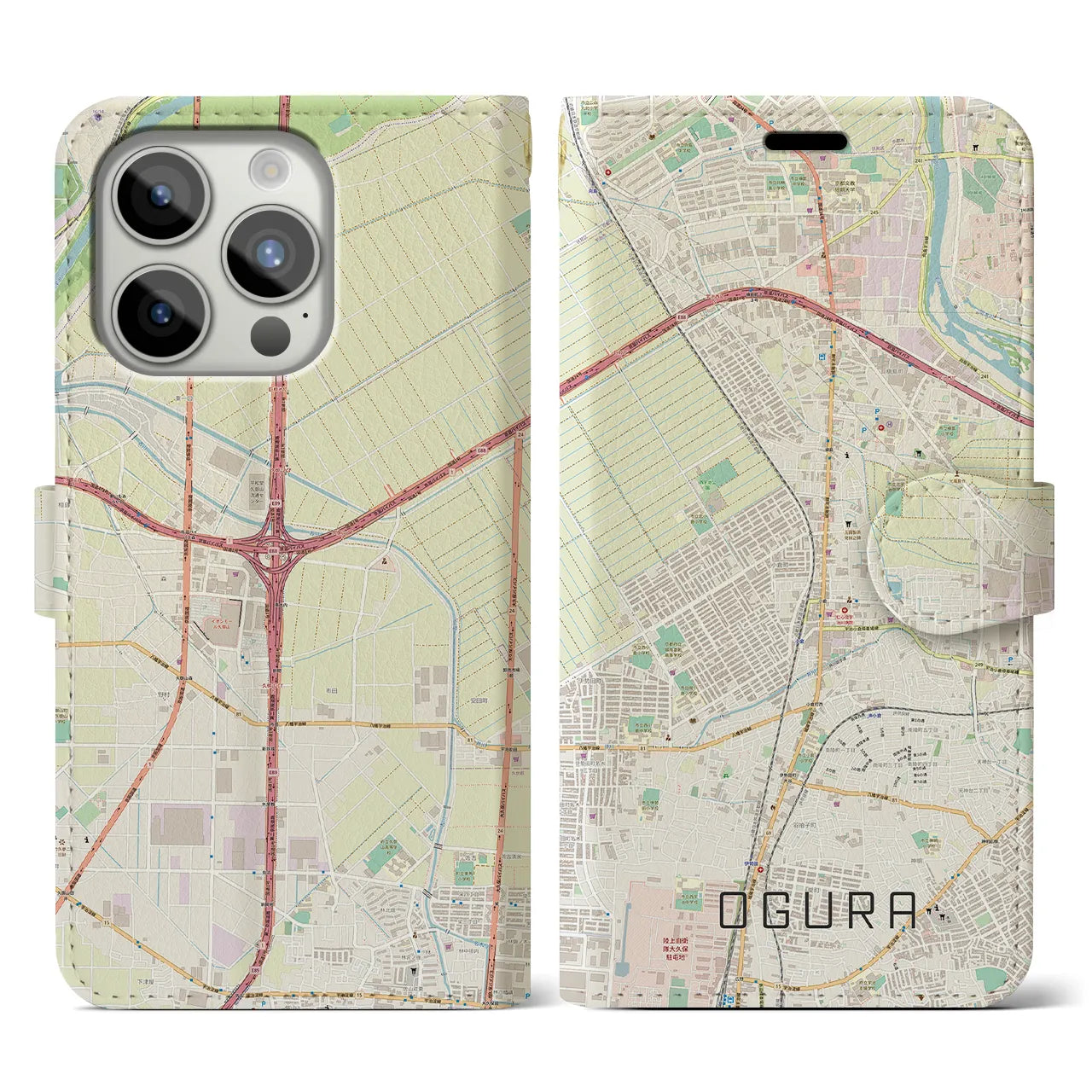 【小倉(京都府)】地図柄iPhoneケース(手帳タイプ)ナチュラル・iPhone 15 Pro 用