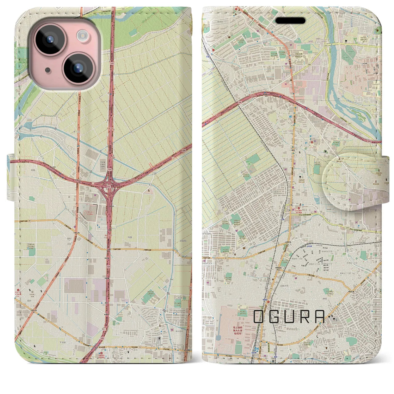 【小倉(京都府)】地図柄iPhoneケース(手帳タイプ)ナチュラル・iPhone 15 Plus 用