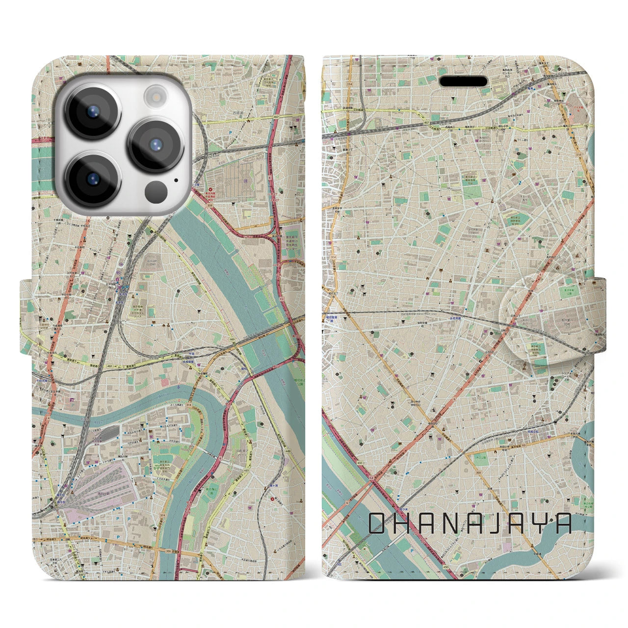 【お花茶屋(東京都)】地図柄iPhoneケース(手帳タイプ)ナチュラル・iPhone 14 Pro 用