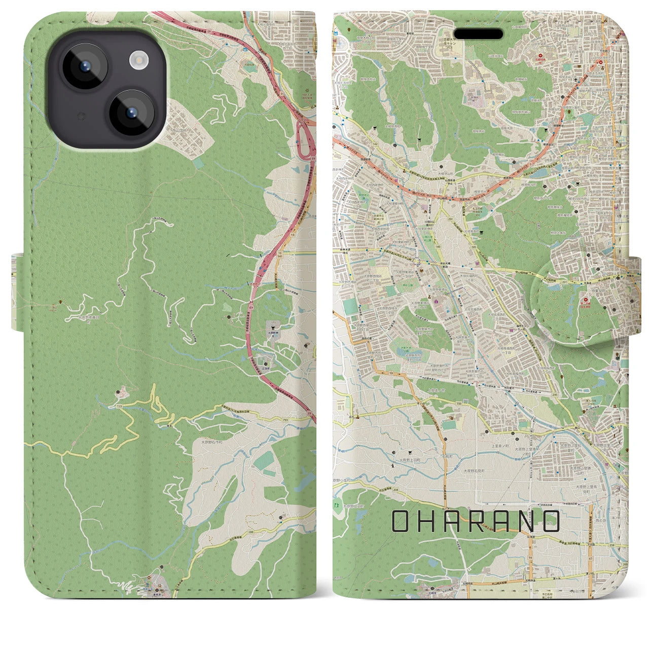 【大原野(京都府)】地図柄iPhoneケース(手帳タイプ)ナチュラル・iPhone 14 Plus 用