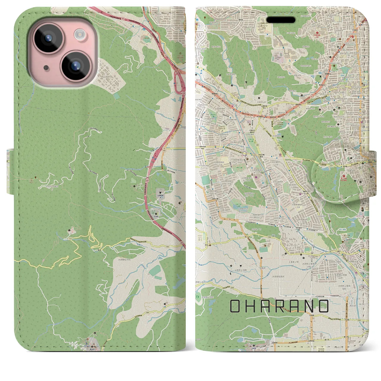 【大原野(京都府)】地図柄iPhoneケース(手帳タイプ)ナチュラル・iPhone 15 Plus 用