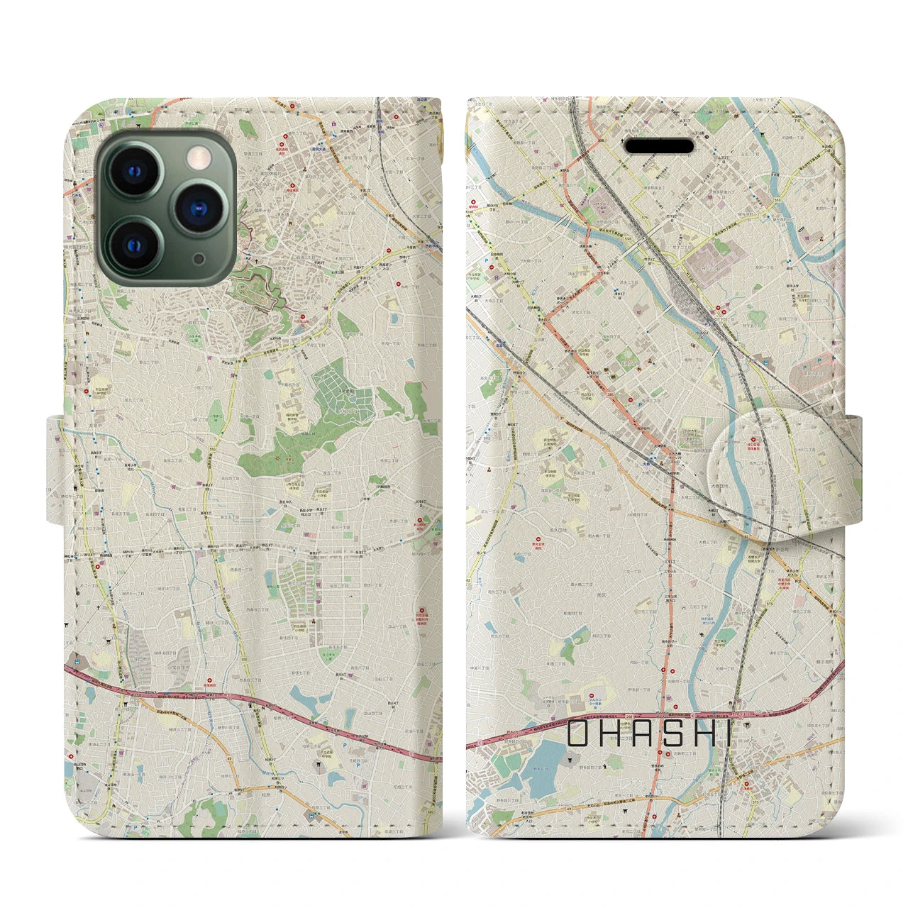 【大橋(福岡県)】地図柄iPhoneケース(手帳タイプ)ナチュラル・iPhone 11 Pro 用
