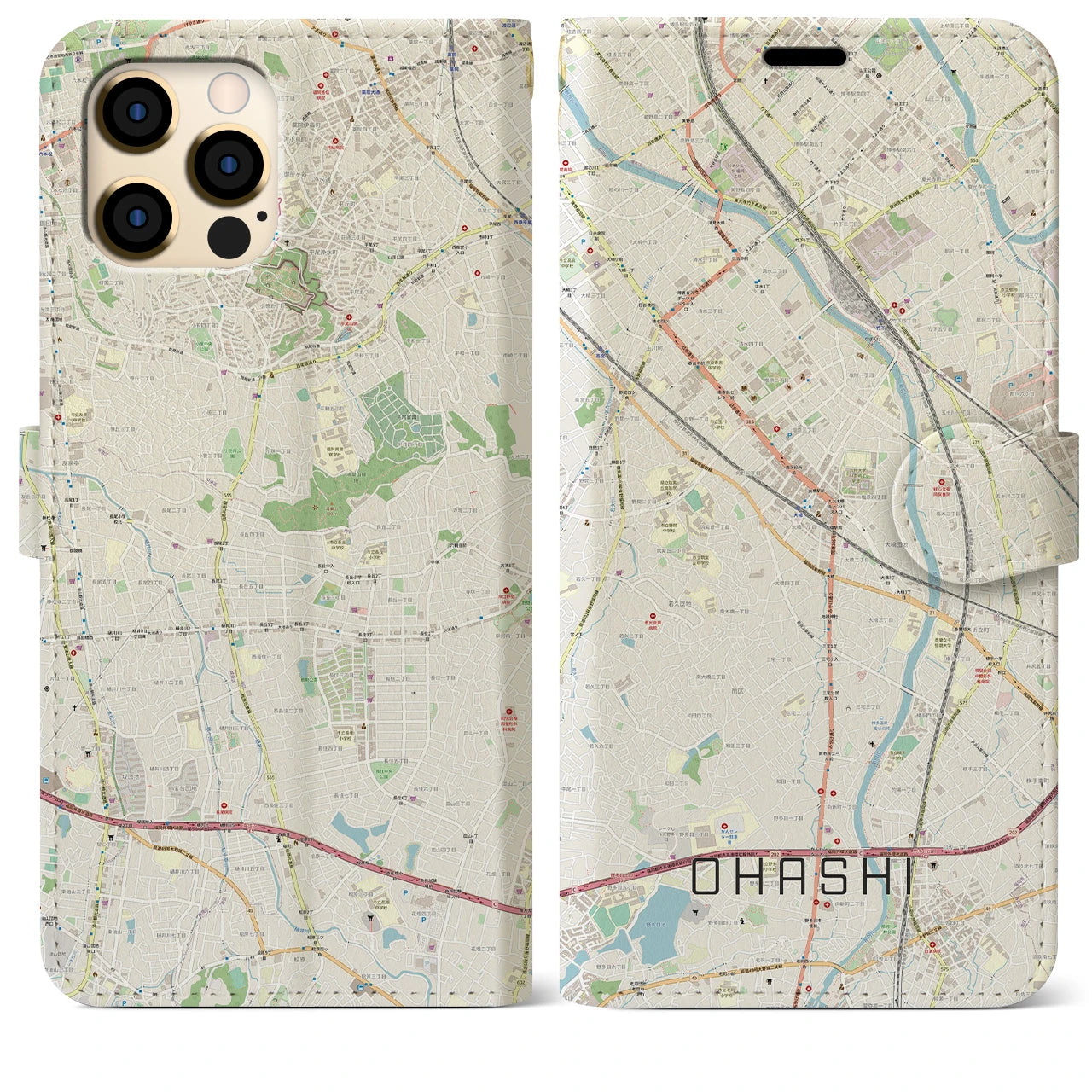 【大橋(福岡県)】地図柄iPhoneケース(手帳タイプ)ナチュラル・iPhone 12 Pro Max 用