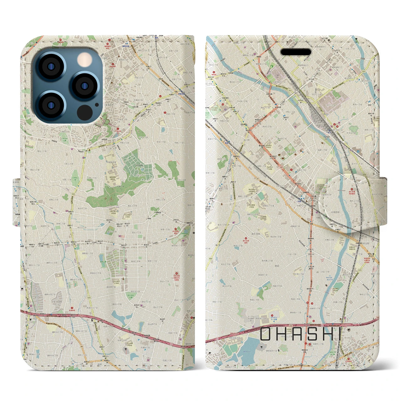 【大橋(福岡県)】地図柄iPhoneケース(手帳タイプ)ナチュラル・iPhone 12 / 12 Pro 用