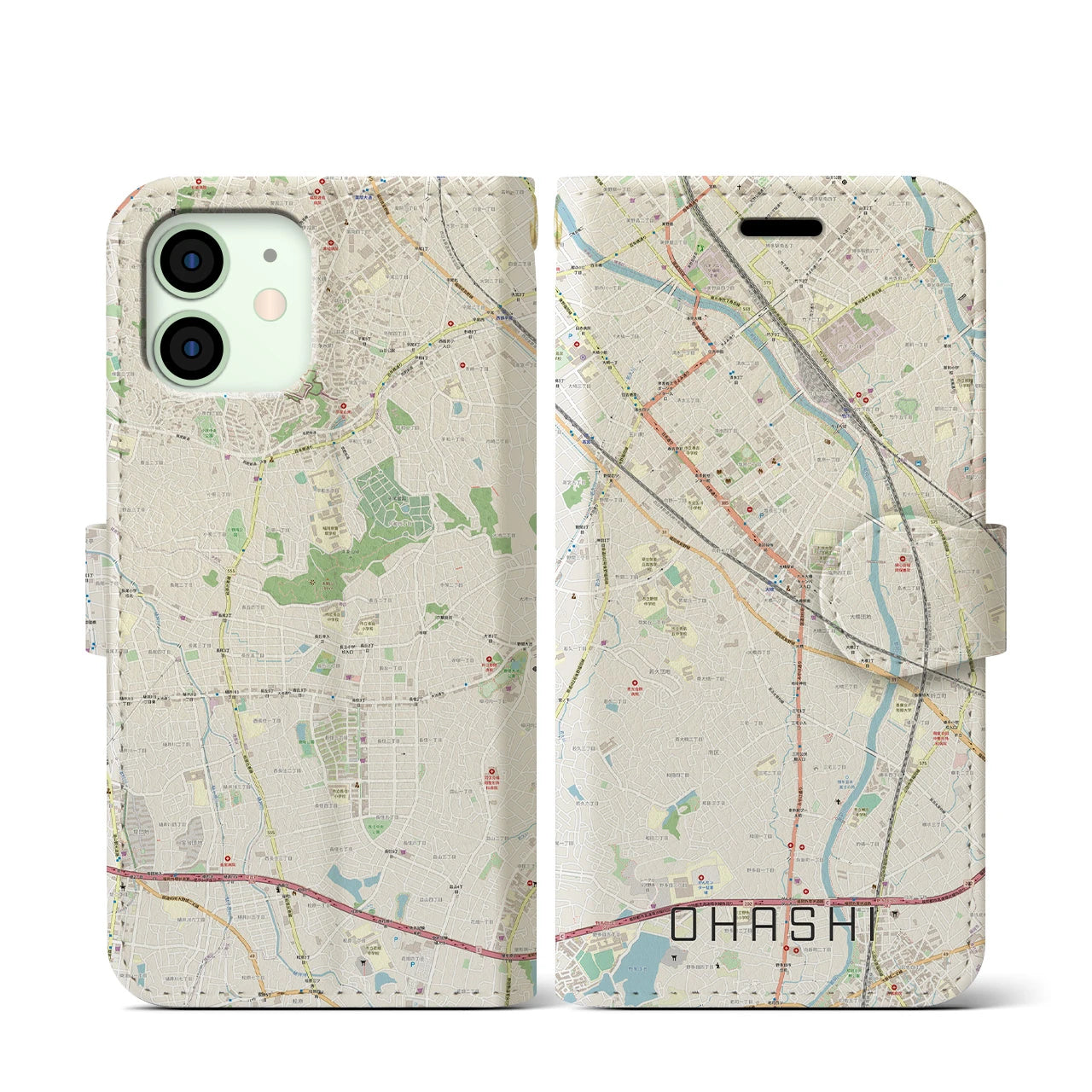【大橋(福岡県)】地図柄iPhoneケース(手帳タイプ)ナチュラル・iPhone 12 mini 用