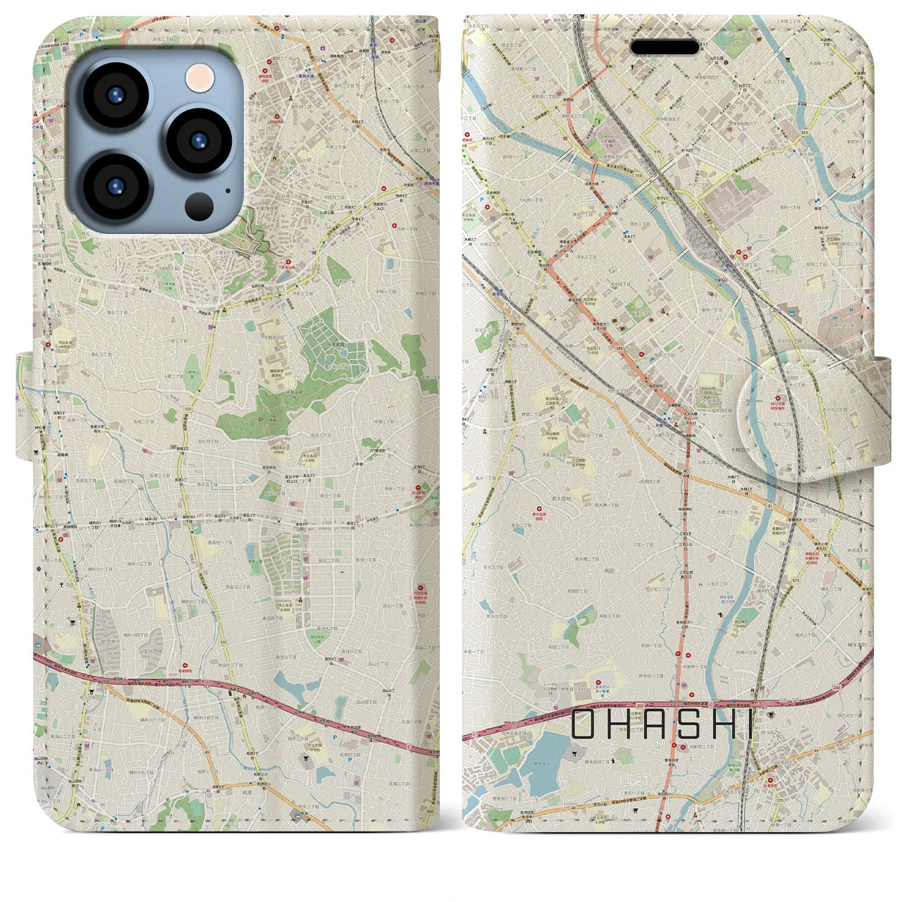 【大橋(福岡県)】地図柄iPhoneケース(手帳タイプ)ナチュラル・iPhone 13 Pro Max 用