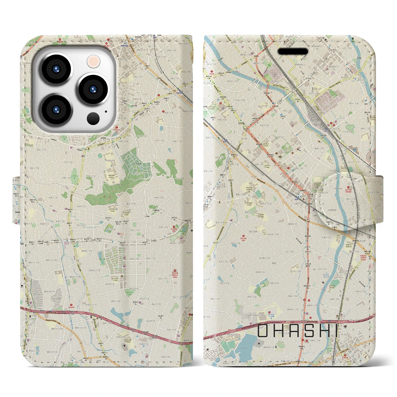 【大橋(福岡県)】地図柄iPhoneケース(手帳タイプ)ナチュラル・iPhone 13 Pro 用