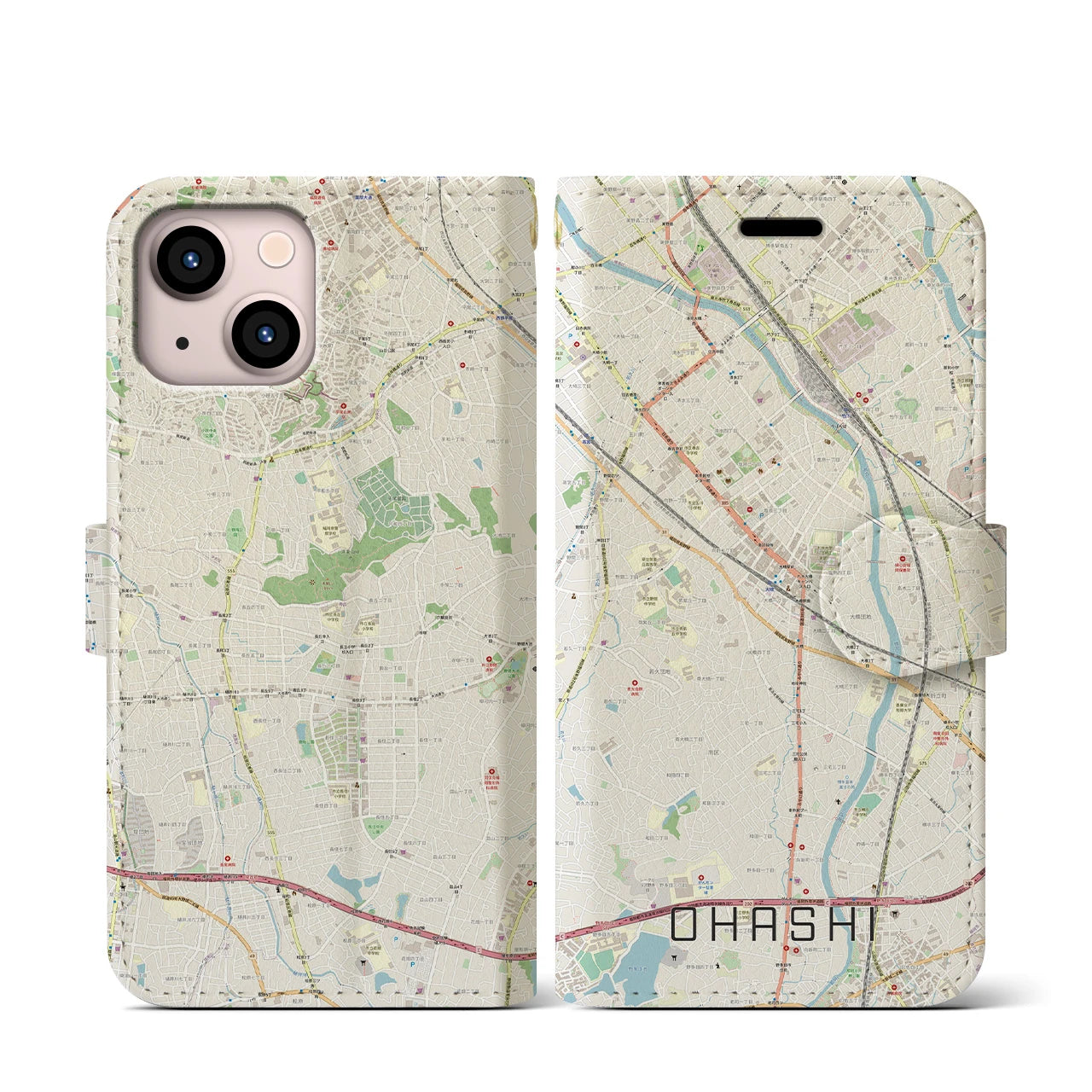 【大橋(福岡県)】地図柄iPhoneケース(手帳タイプ)ナチュラル・iPhone 13 mini 用