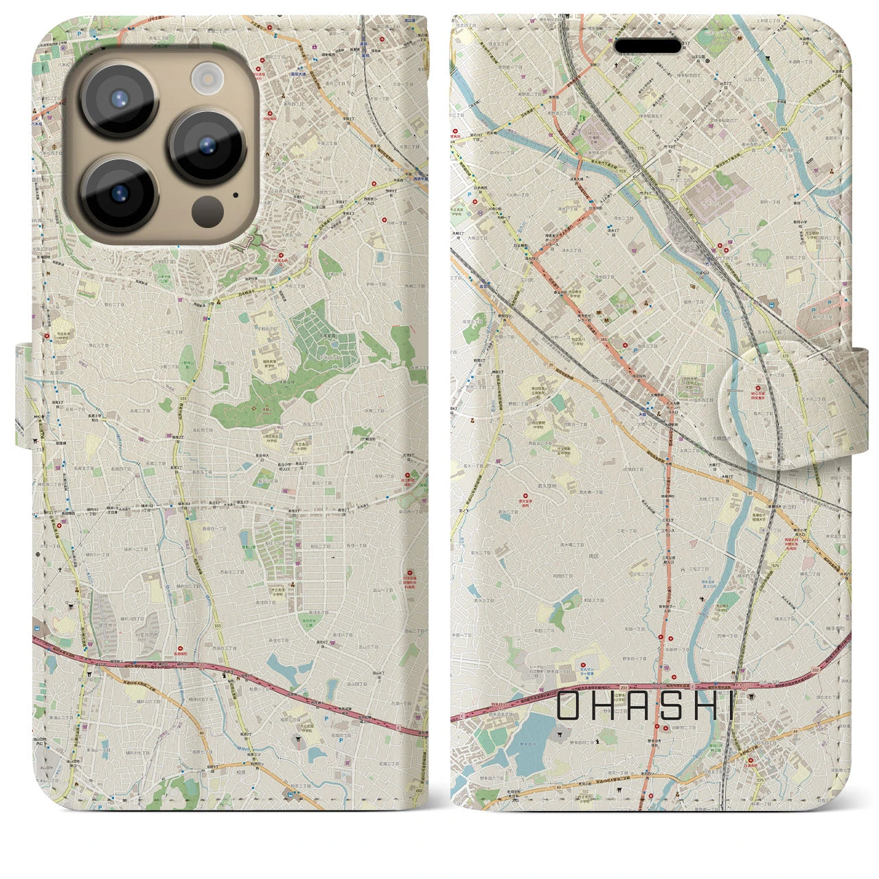 【大橋(福岡県)】地図柄iPhoneケース(手帳タイプ)ナチュラル・iPhone 14 Pro Max 用