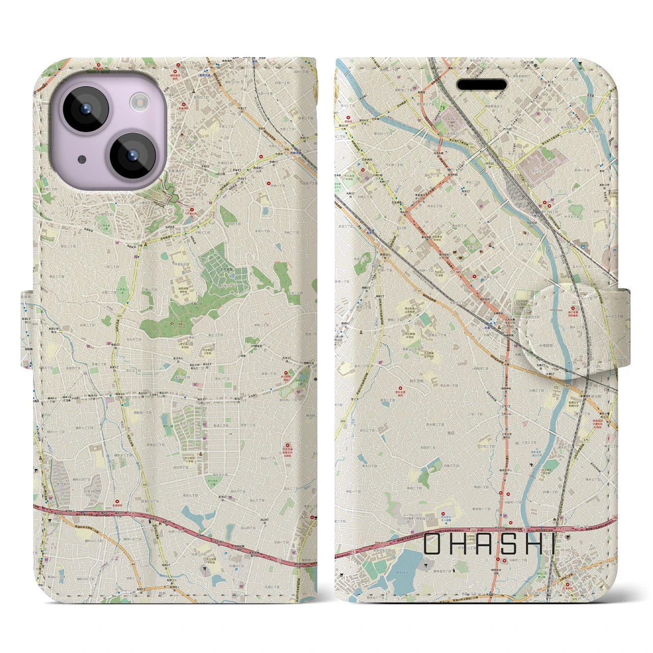 【大橋(福岡県)】地図柄iPhoneケース(手帳タイプ)ナチュラル・iPhone 14 用