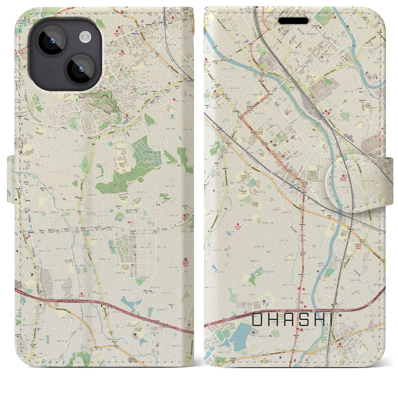 【大橋(福岡県)】地図柄iPhoneケース(手帳タイプ)ナチュラル・iPhone 14 Plus 用