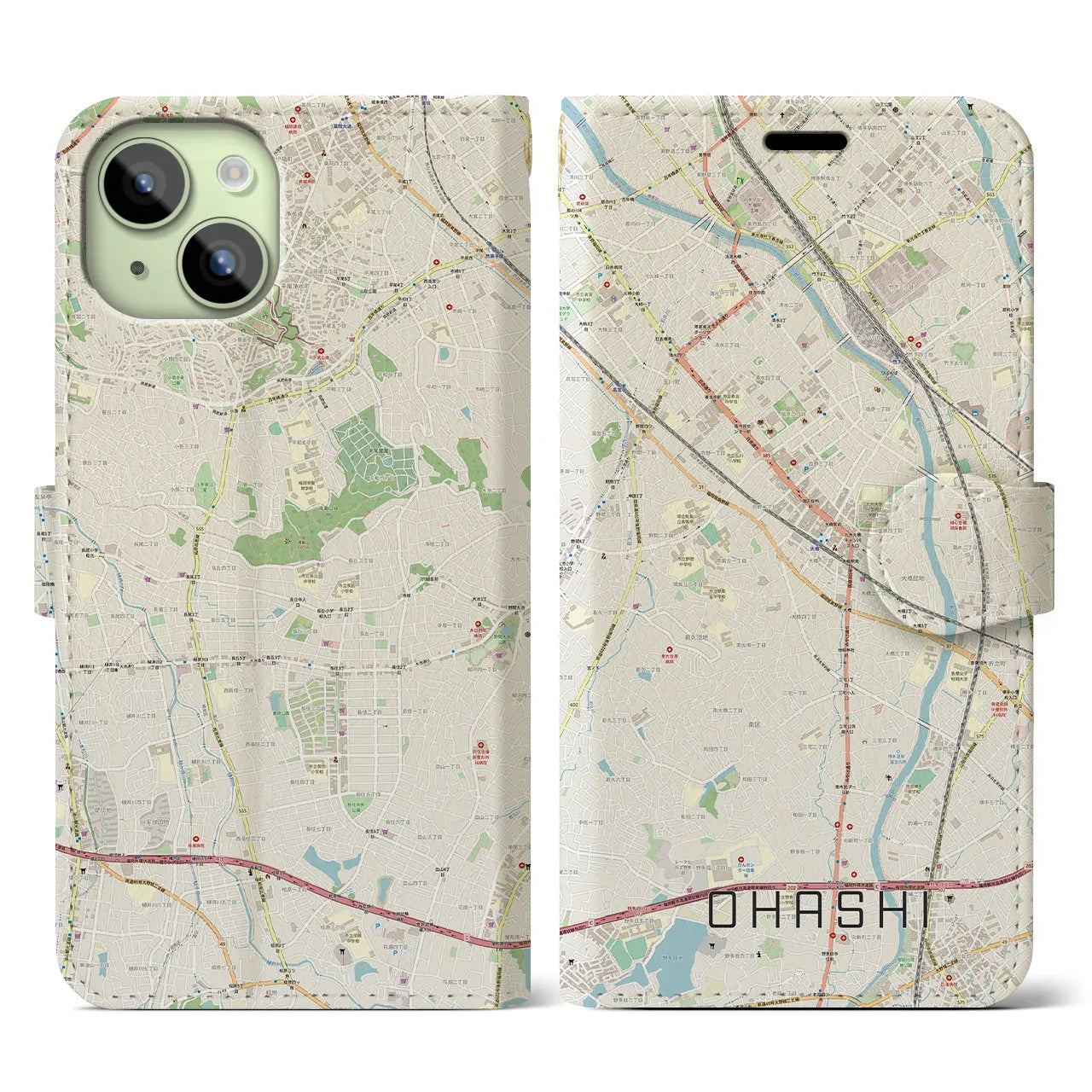 【大橋(福岡県)】地図柄iPhoneケース(手帳タイプ)ナチュラル・iPhone 15 用