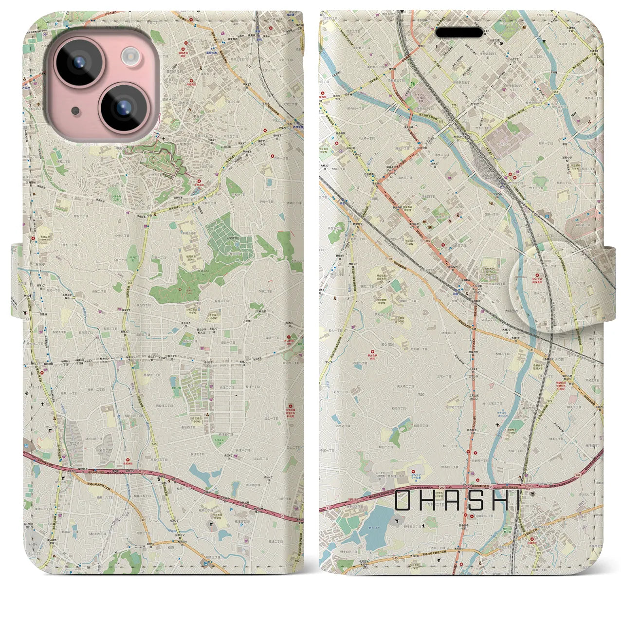 【大橋(福岡県)】地図柄iPhoneケース(手帳タイプ)ナチュラル・iPhone 15 Plus 用