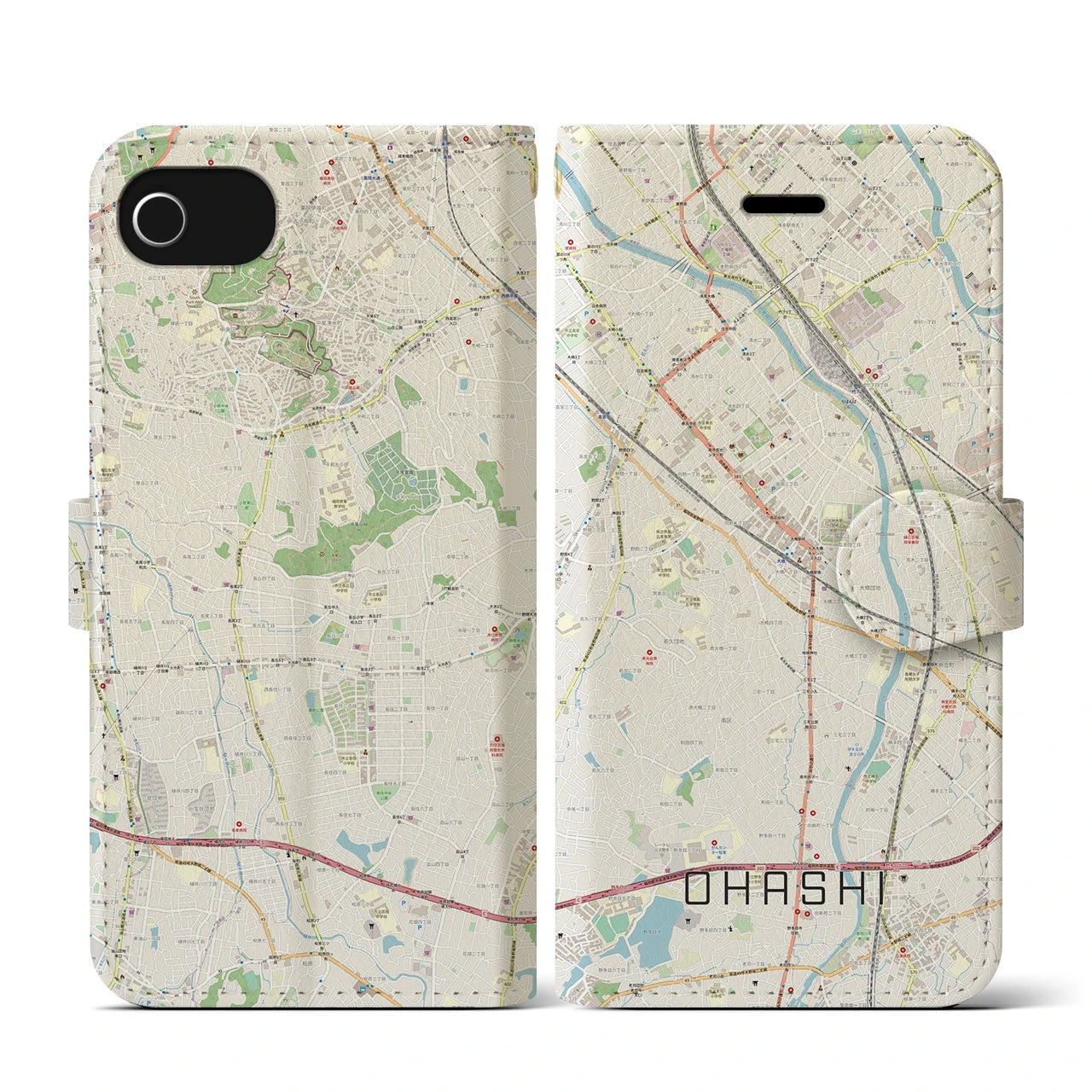 【大橋(福岡県)】地図柄iPhoneケース(手帳タイプ)ナチュラル・iPhone SE(第3 / 第2世代) / 8 / 7 / 6s / 6 用