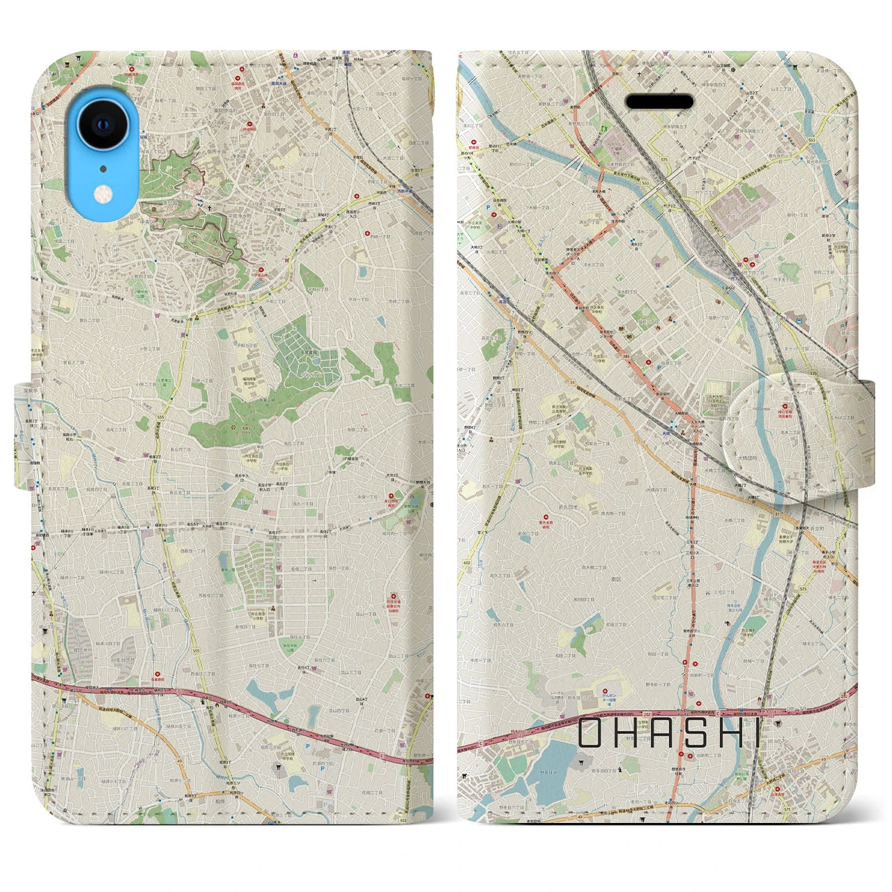 【大橋(福岡県)】地図柄iPhoneケース(手帳タイプ)ナチュラル・iPhone XR 用