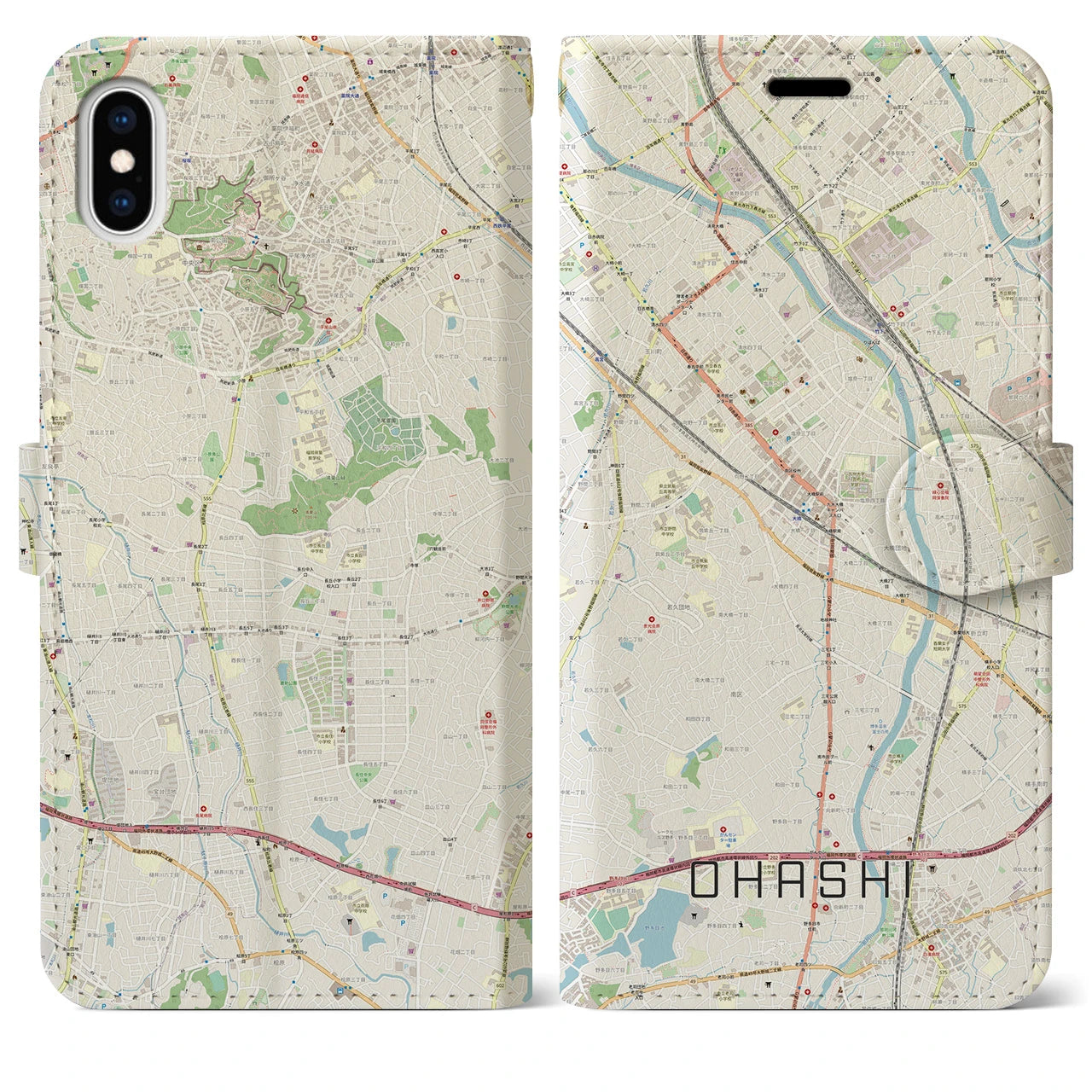 【大橋(福岡県)】地図柄iPhoneケース(手帳タイプ)ナチュラル・iPhone XS Max 用