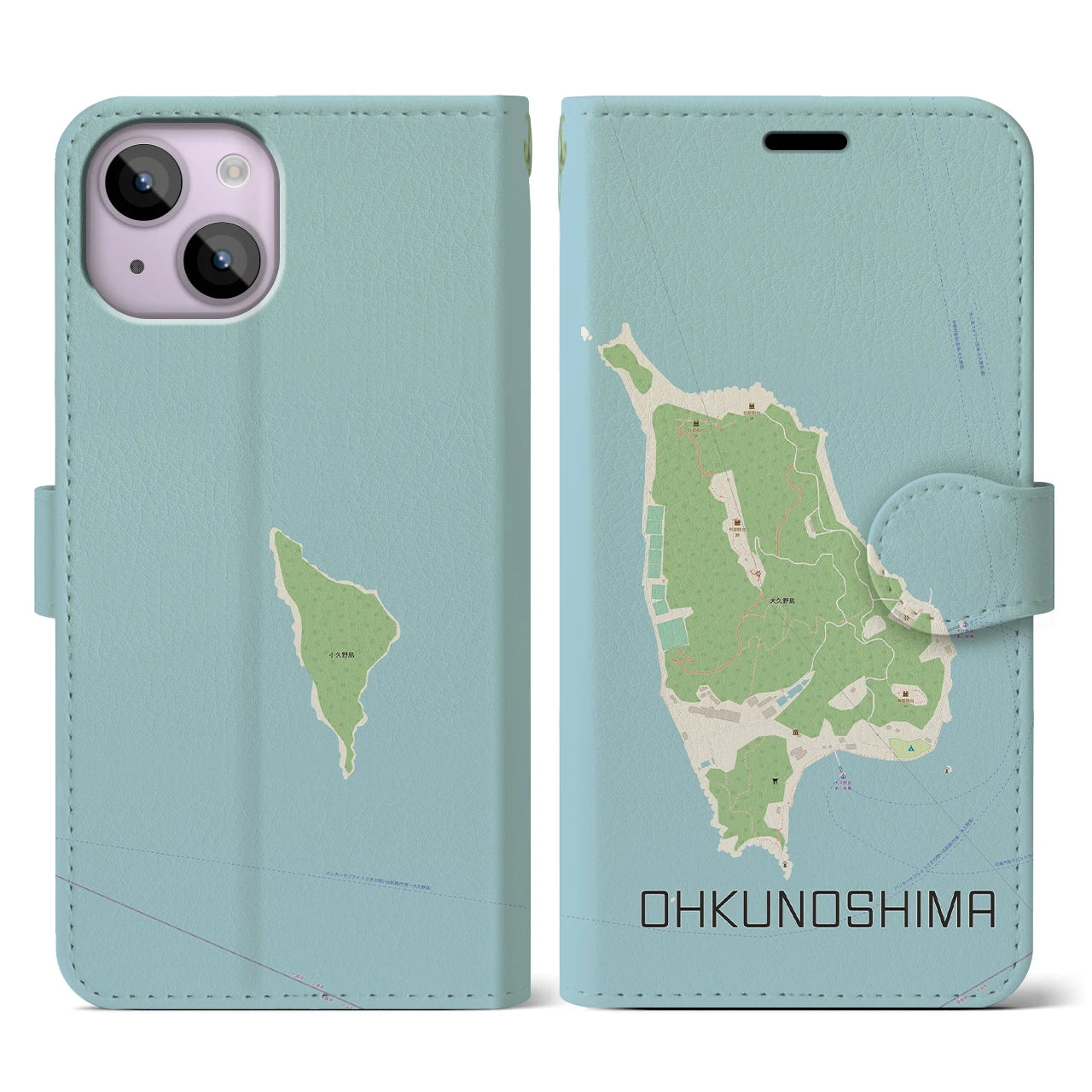 【大久野島(広島県)】地図柄iPhoneケース(手帳タイプ)ナチュラル・iPhone 14 用