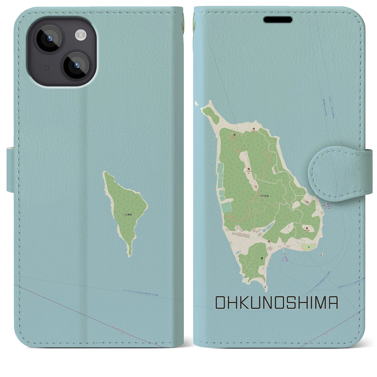 【大久野島(広島県)】地図柄iPhoneケース(手帳タイプ)ナチュラル・iPhone 14 Plus 用