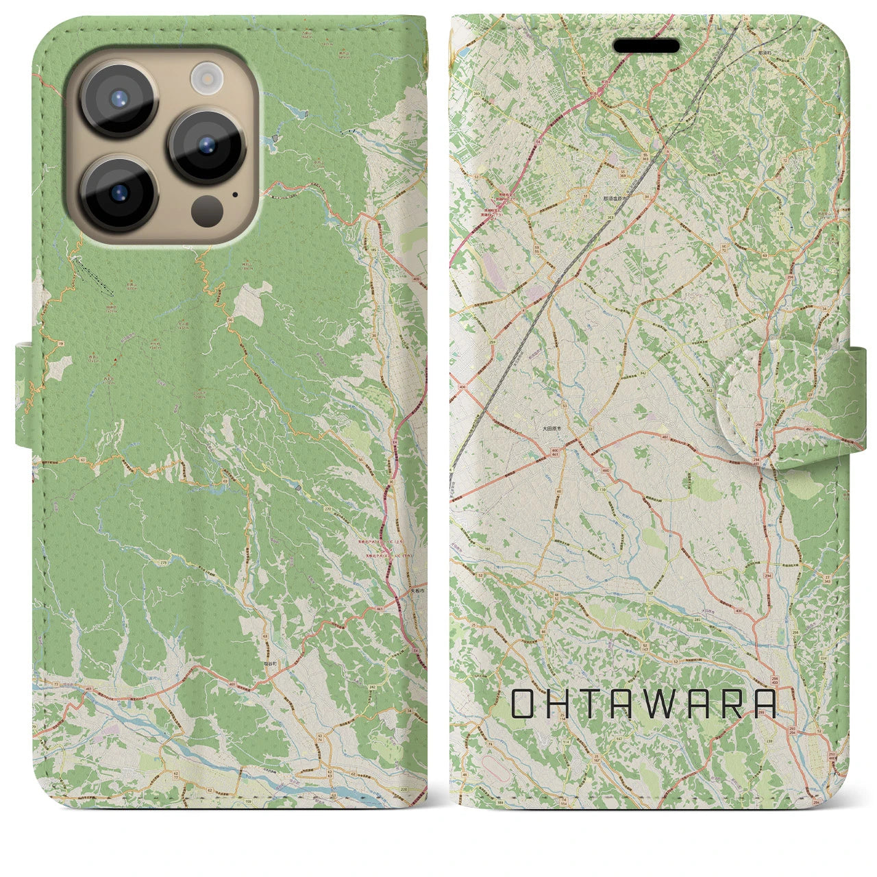 【大田原(栃木県)】地図柄iPhoneケース(手帳タイプ)ナチュラル・iPhone 14 Pro Max 用