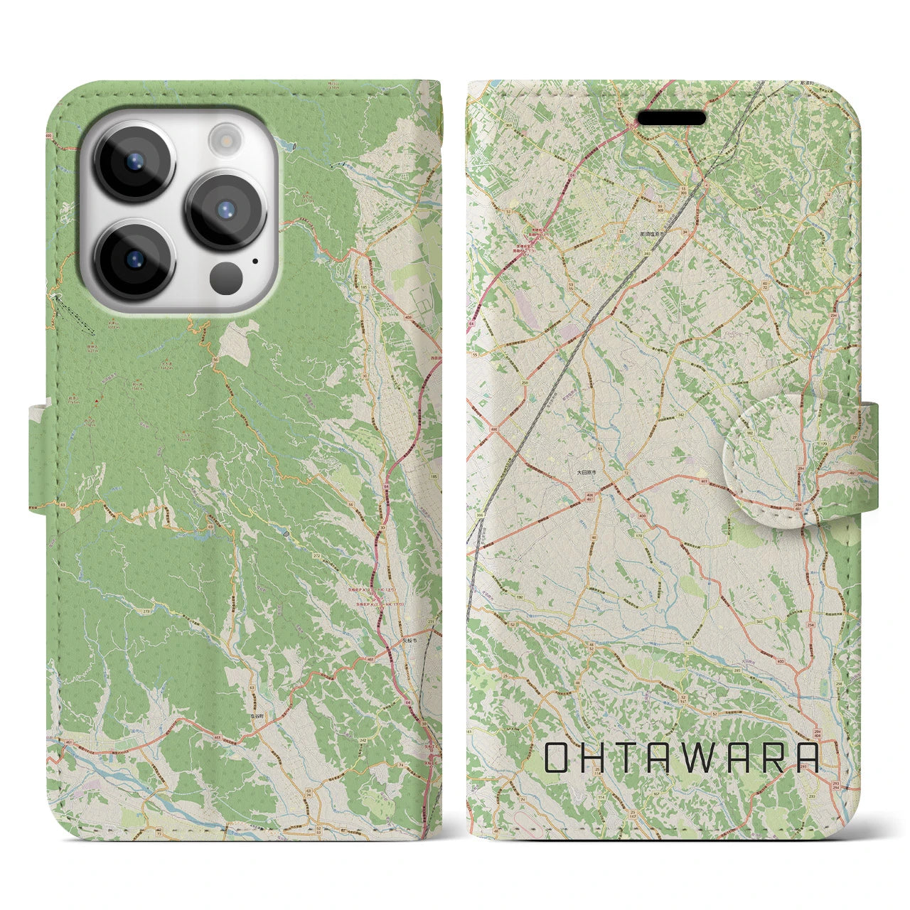 【大田原(栃木県)】地図柄iPhoneケース(手帳タイプ)ナチュラル・iPhone 14 Pro 用