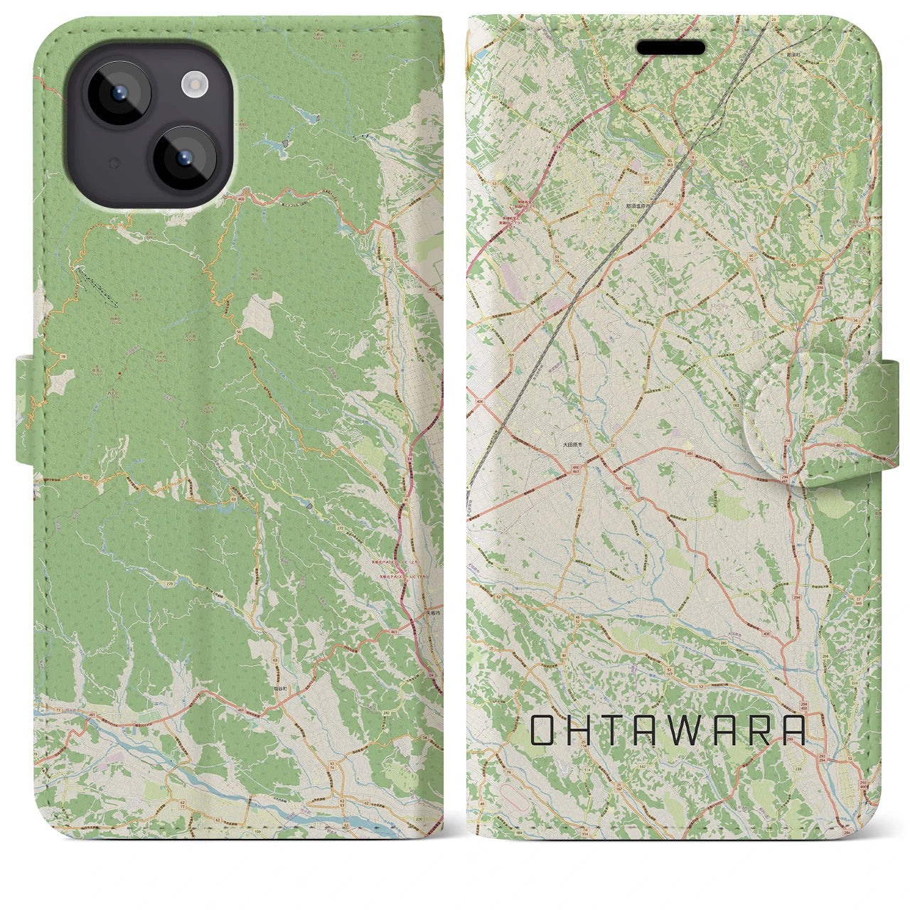 【大田原(栃木県)】地図柄iPhoneケース(手帳タイプ)ナチュラル・iPhone 14 Plus 用