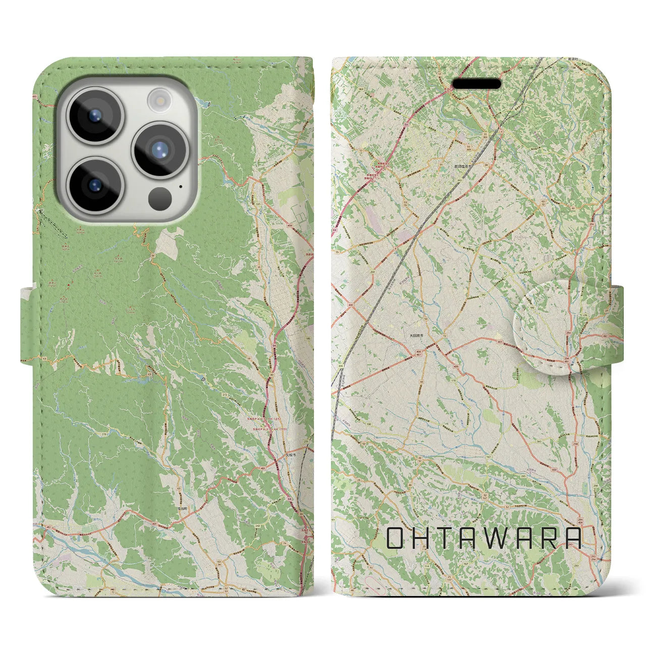 【大田原(栃木県)】地図柄iPhoneケース(手帳タイプ)ナチュラル・iPhone 15 Pro 用