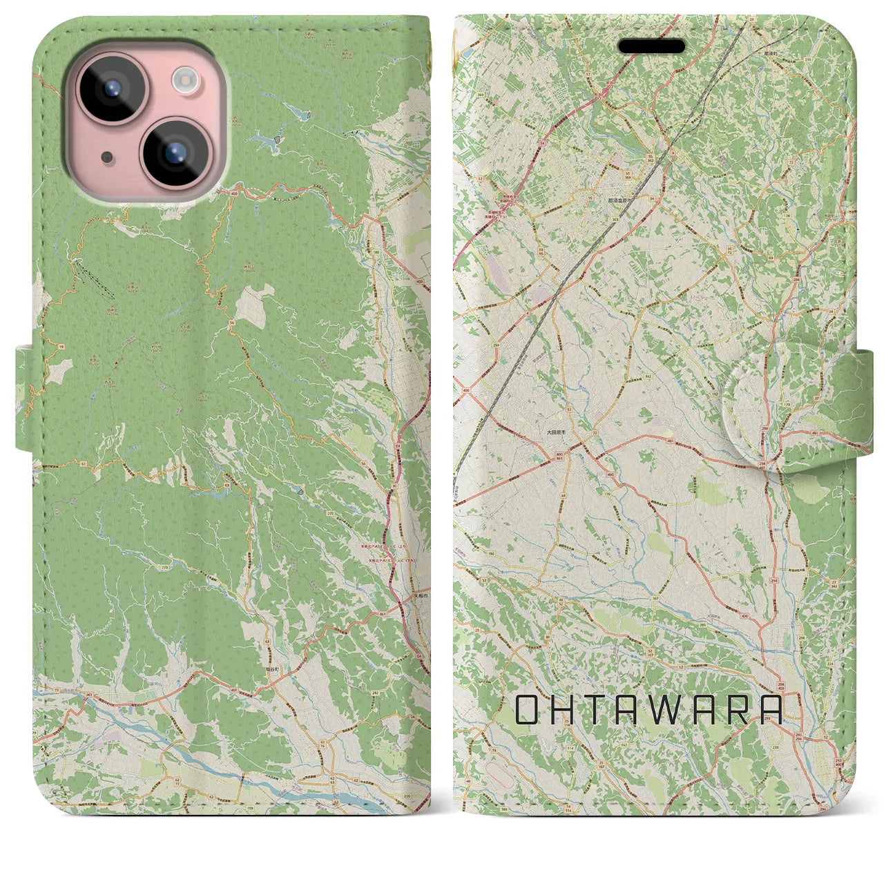 【大田原(栃木県)】地図柄iPhoneケース(手帳タイプ)ナチュラル・iPhone 15 Plus 用