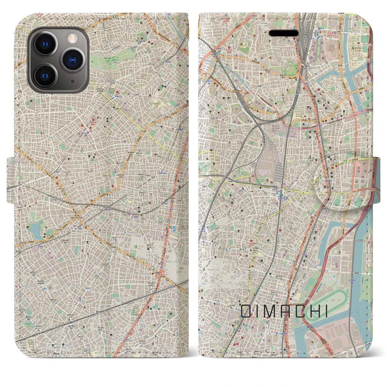 【大井町(東京都)】地図柄iPhoneケース(手帳タイプ)ナチュラル・iPhone 11 Pro Max 用