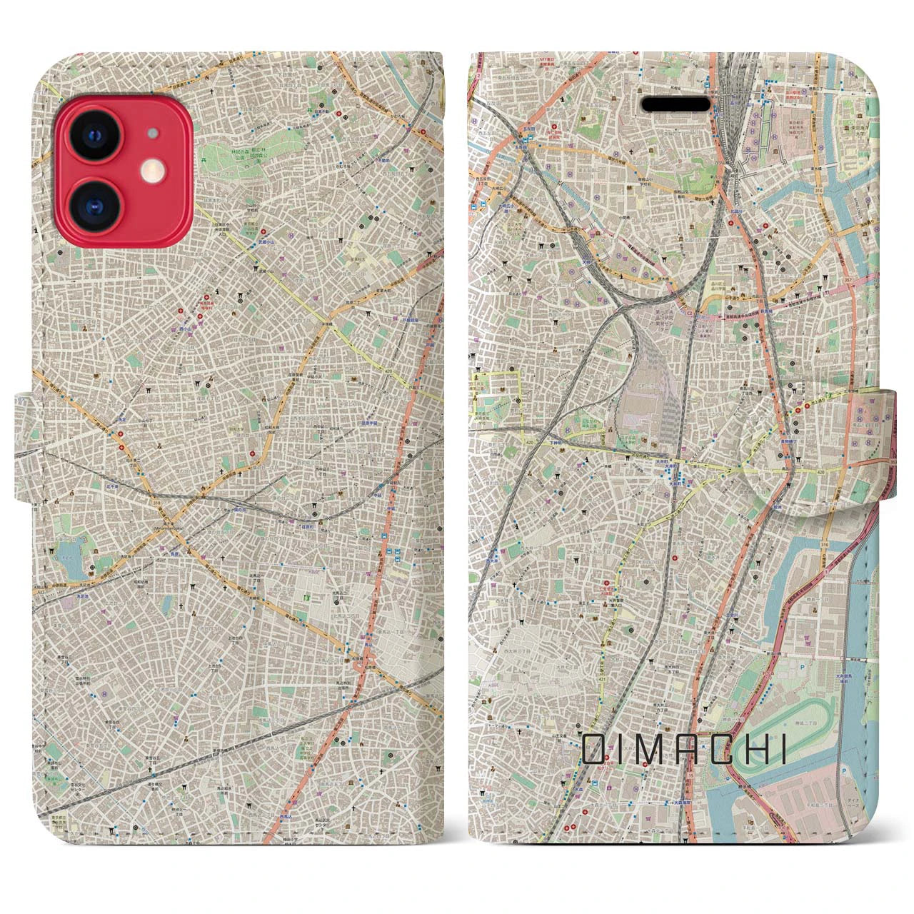 【大井町(東京都)】地図柄iPhoneケース(手帳タイプ)ナチュラル・iPhone 11 用