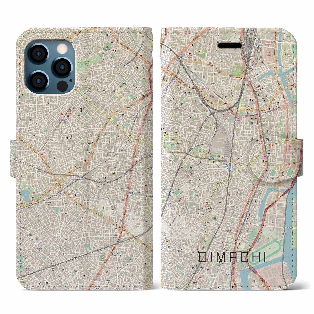 【大井町(東京都)】地図柄iPhoneケース(手帳タイプ)ナチュラル・iPhone 12 / 12 Pro 用