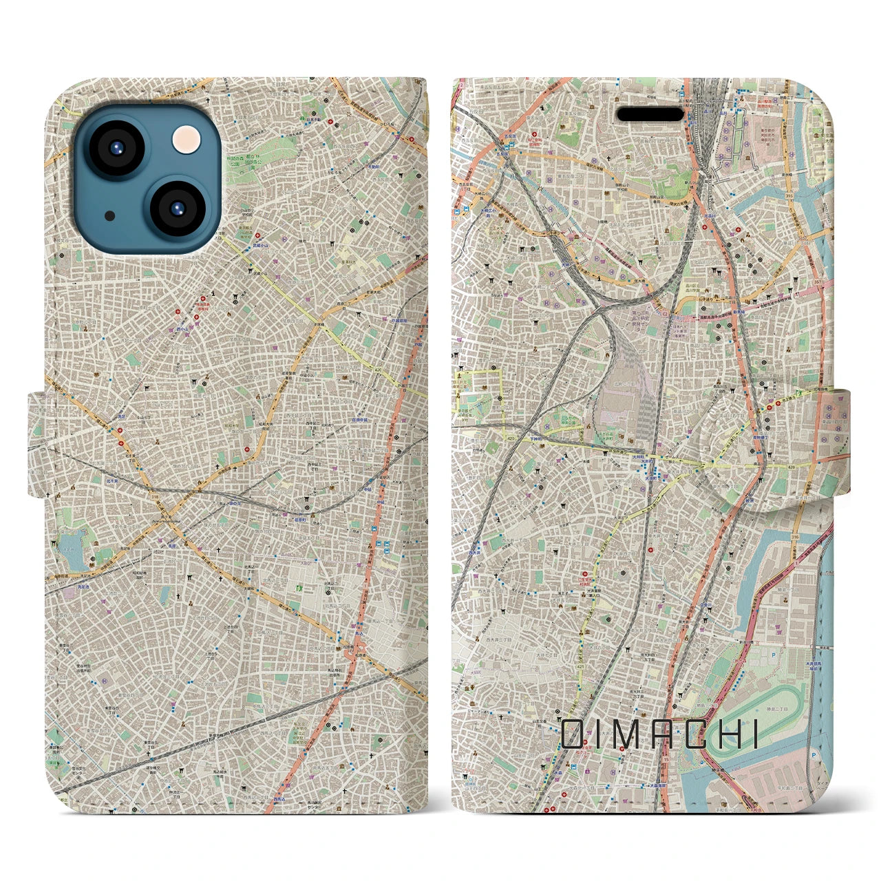 【大井町(東京都)】地図柄iPhoneケース(手帳タイプ)ナチュラル・iPhone 13 用