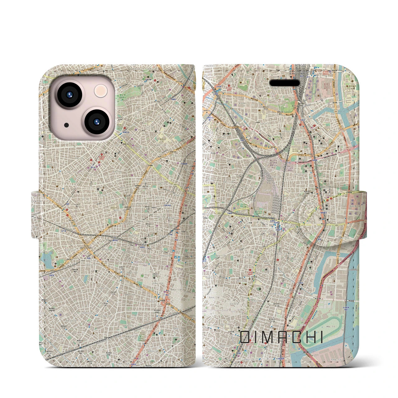 【大井町(東京都)】地図柄iPhoneケース(手帳タイプ)ナチュラル・iPhone 13 mini 用