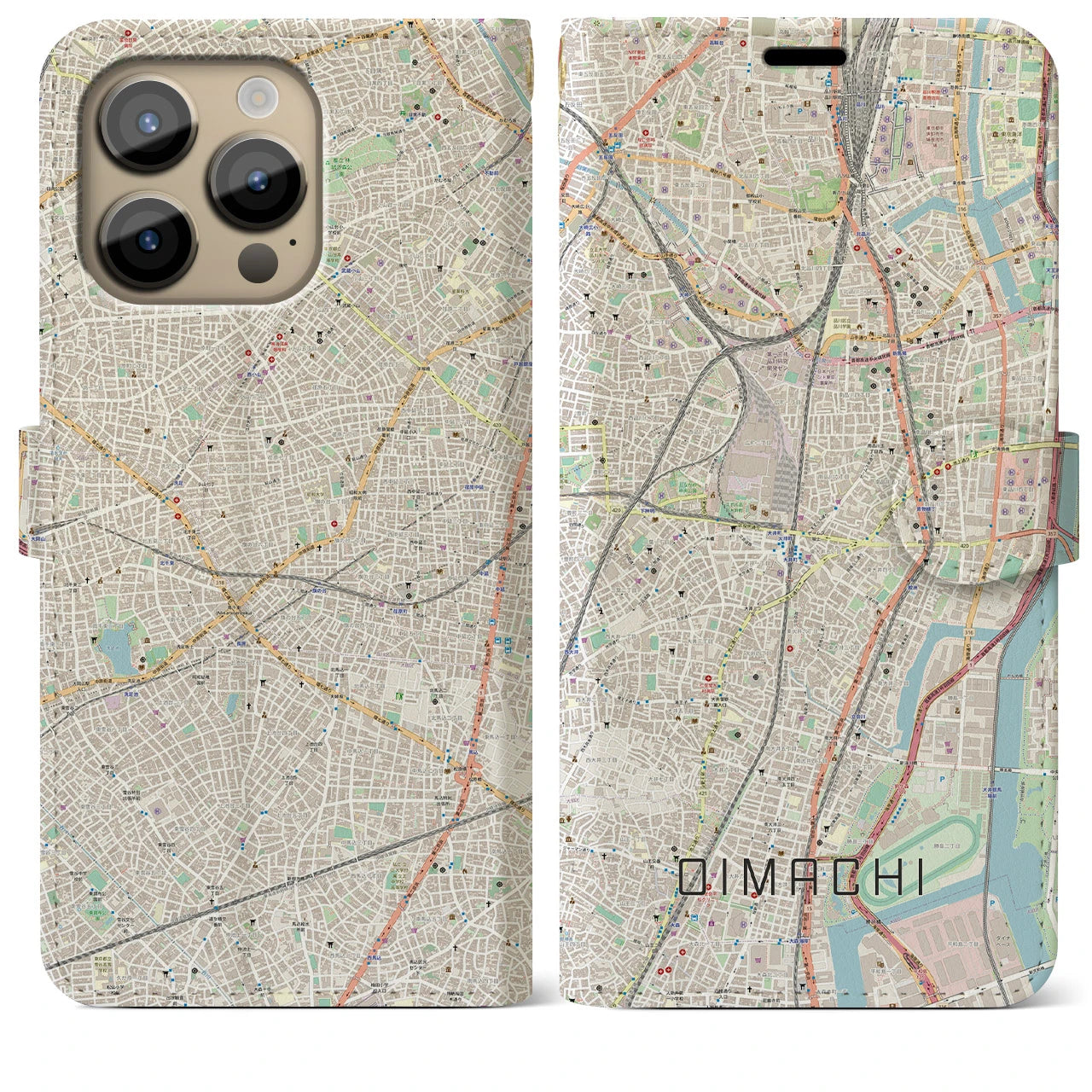 【大井町(東京都)】地図柄iPhoneケース(手帳タイプ)ナチュラル・iPhone 14 Pro Max 用