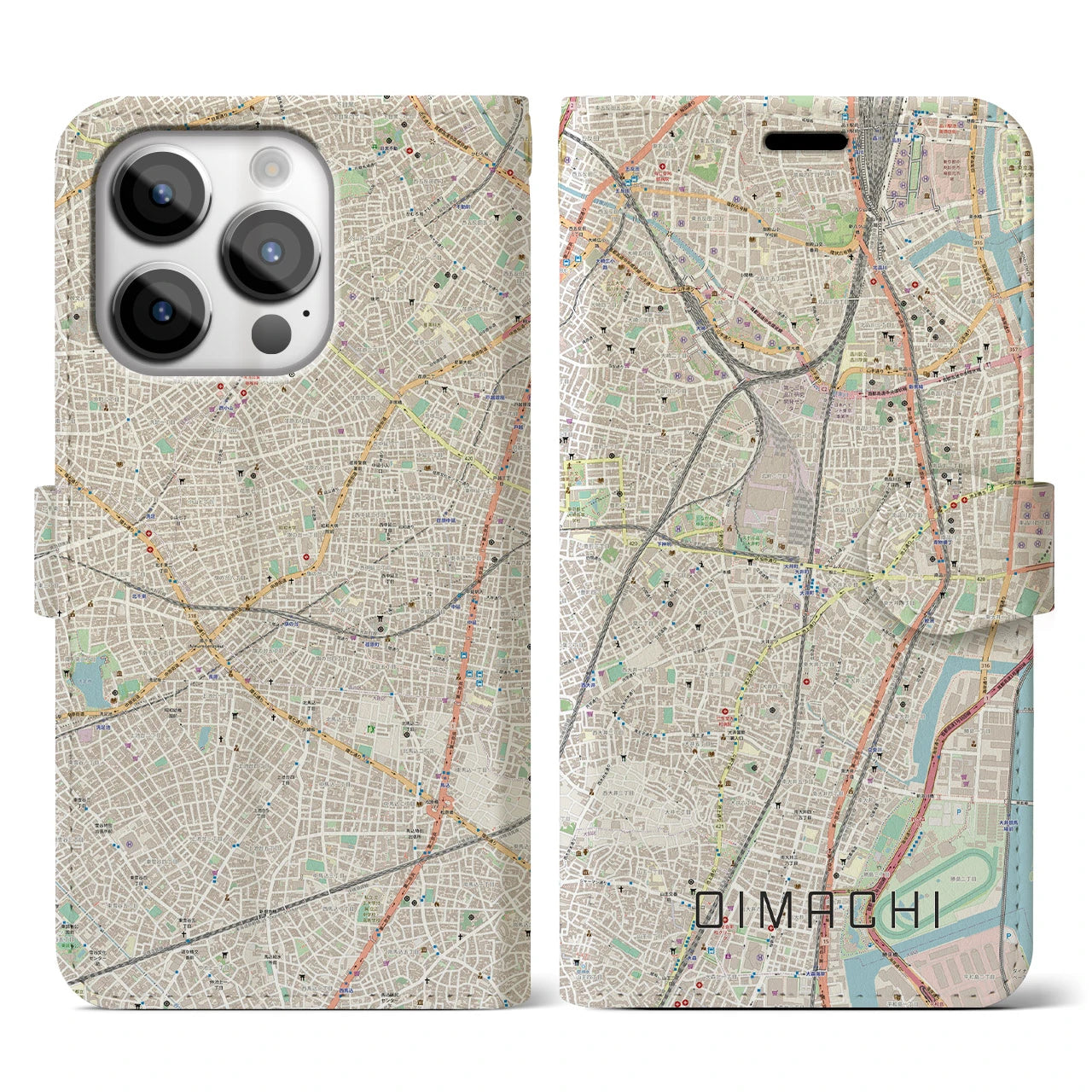 【大井町(東京都)】地図柄iPhoneケース(手帳タイプ)ナチュラル・iPhone 14 Pro 用