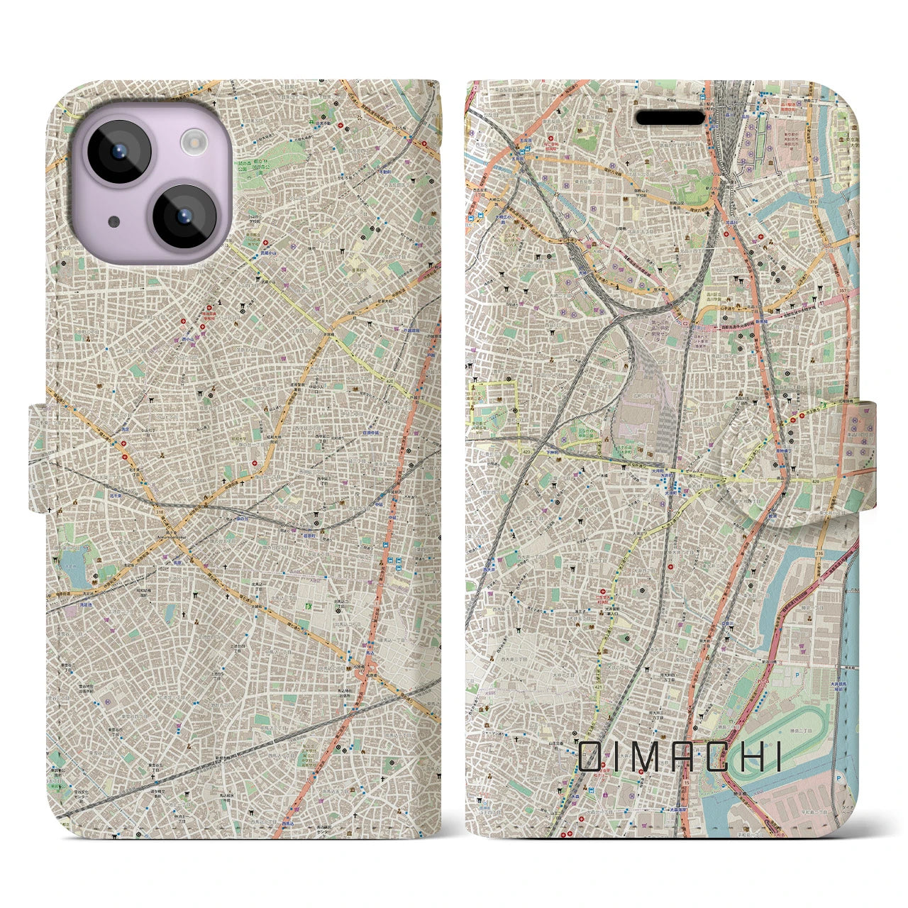 【大井町(東京都)】地図柄iPhoneケース(手帳タイプ)ナチュラル・iPhone 14 用