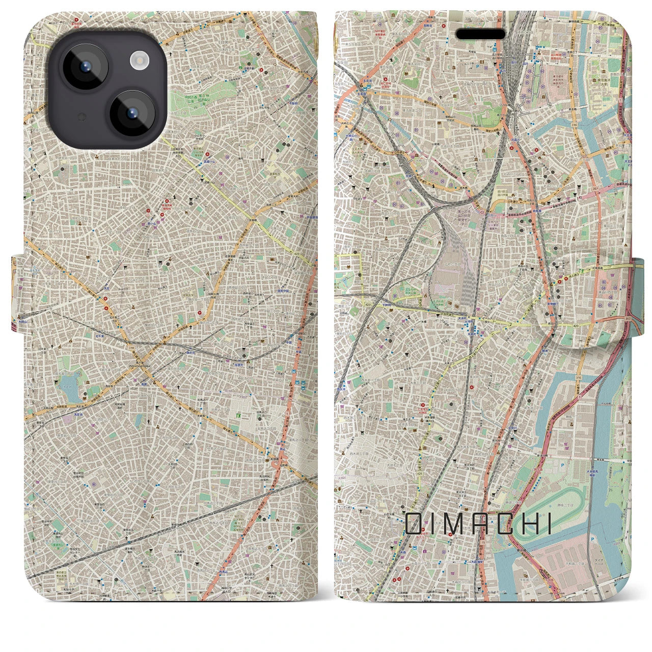 【大井町(東京都)】地図柄iPhoneケース(手帳タイプ)ナチュラル・iPhone 14 Plus 用