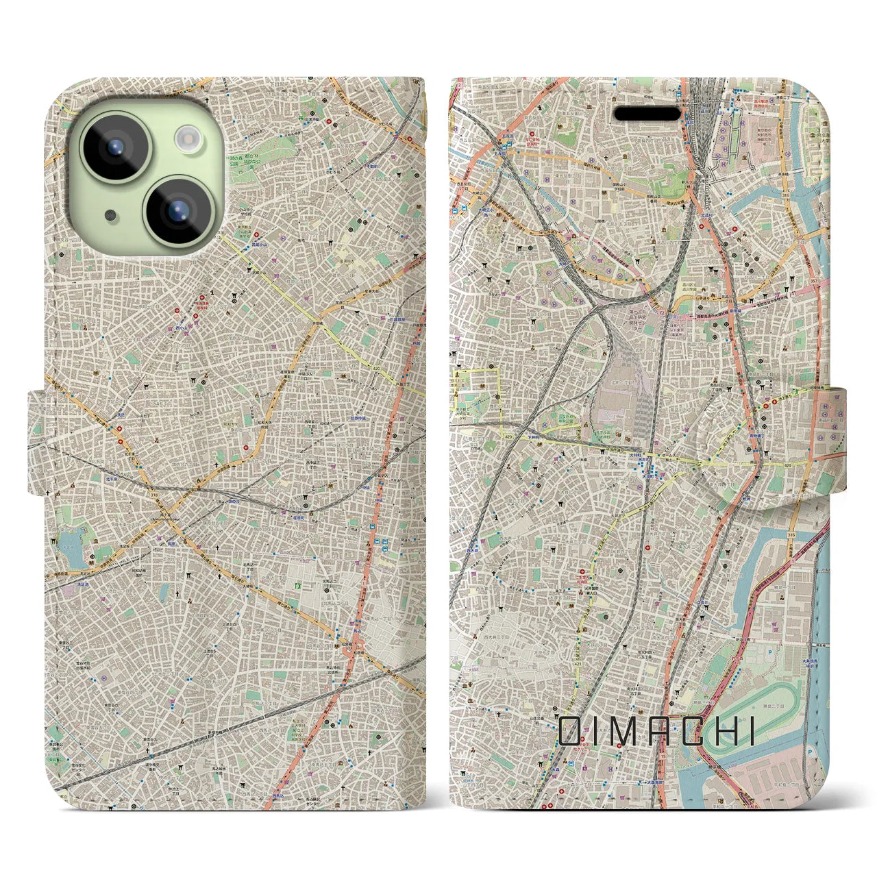 【大井町(東京都)】地図柄iPhoneケース(手帳タイプ)ナチュラル・iPhone 15 用