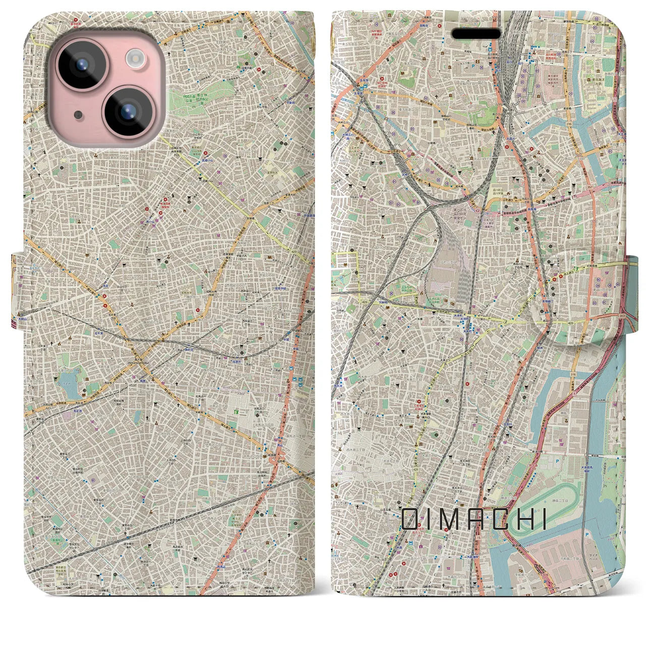 【大井町(東京都)】地図柄iPhoneケース(手帳タイプ)ナチュラル・iPhone 15 Plus 用