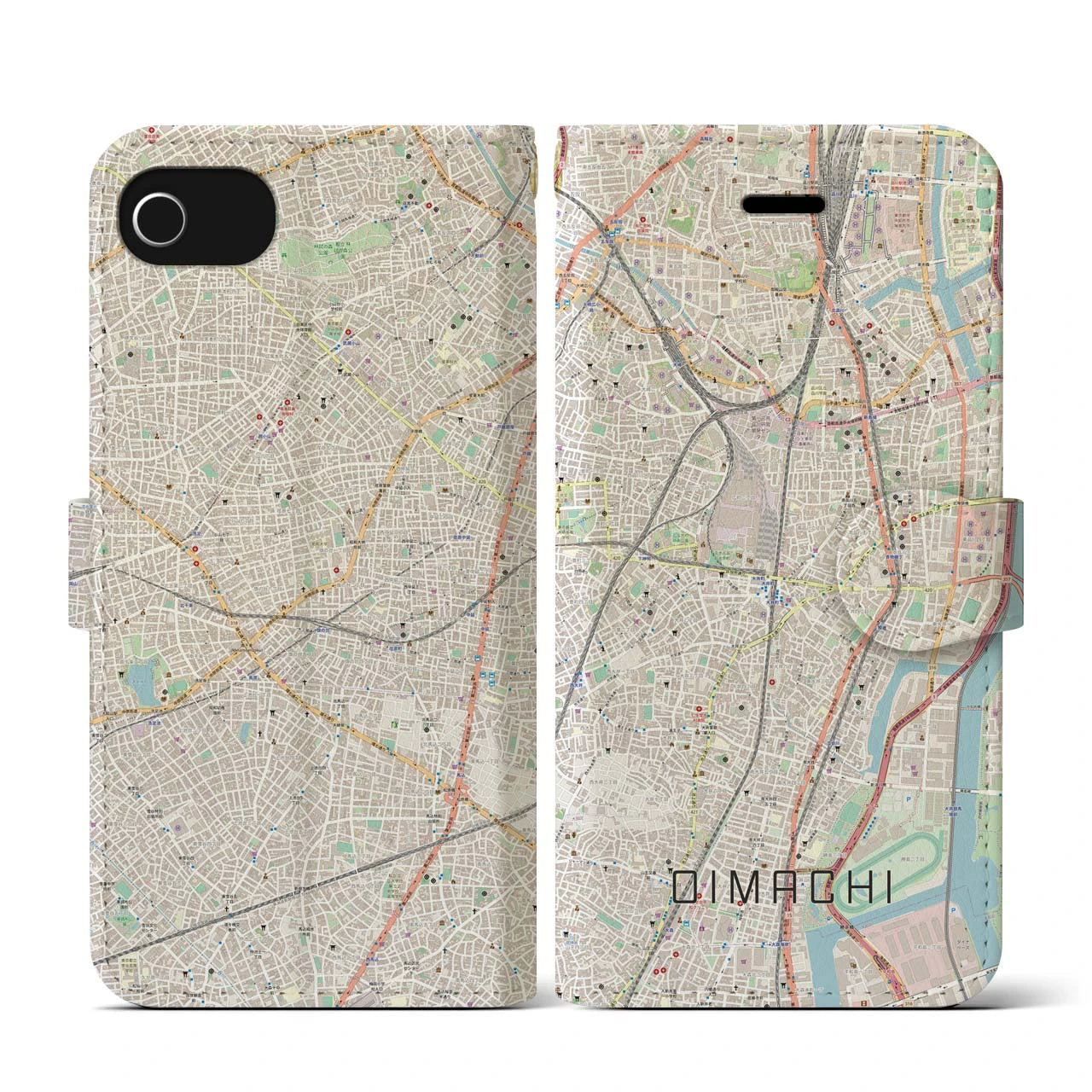 【大井町(東京都)】地図柄iPhoneケース(手帳タイプ)ナチュラル・iPhone SE(第3 / 第2世代) / 8 / 7 / 6s / 6 用