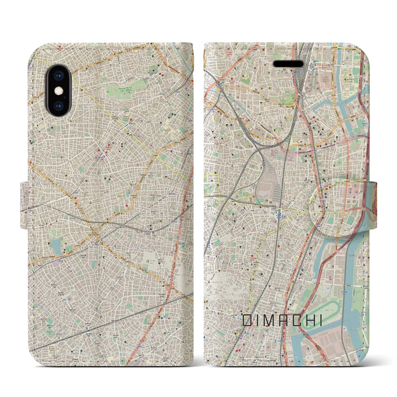 【大井町(東京都)】地図柄iPhoneケース(手帳タイプ)ナチュラル・iPhone XS / X 用
