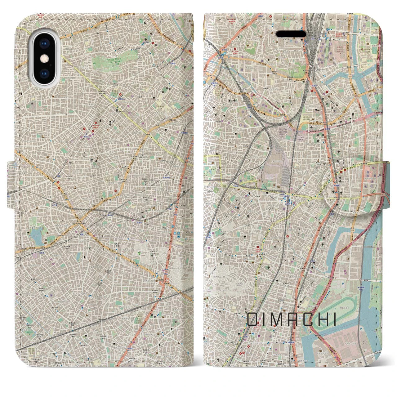 【大井町(東京都)】地図柄iPhoneケース(手帳タイプ)ナチュラル・iPhone XS Max 用
