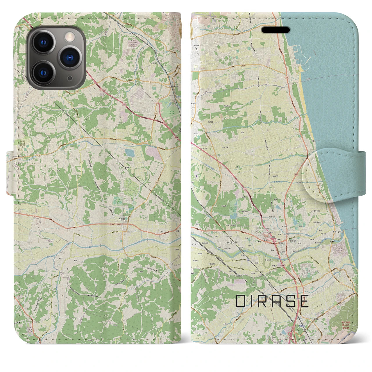 【おいらせ(青森県)】地図柄iPhoneケース(手帳タイプ)ナチュラル・iPhone 11 Pro Max 用