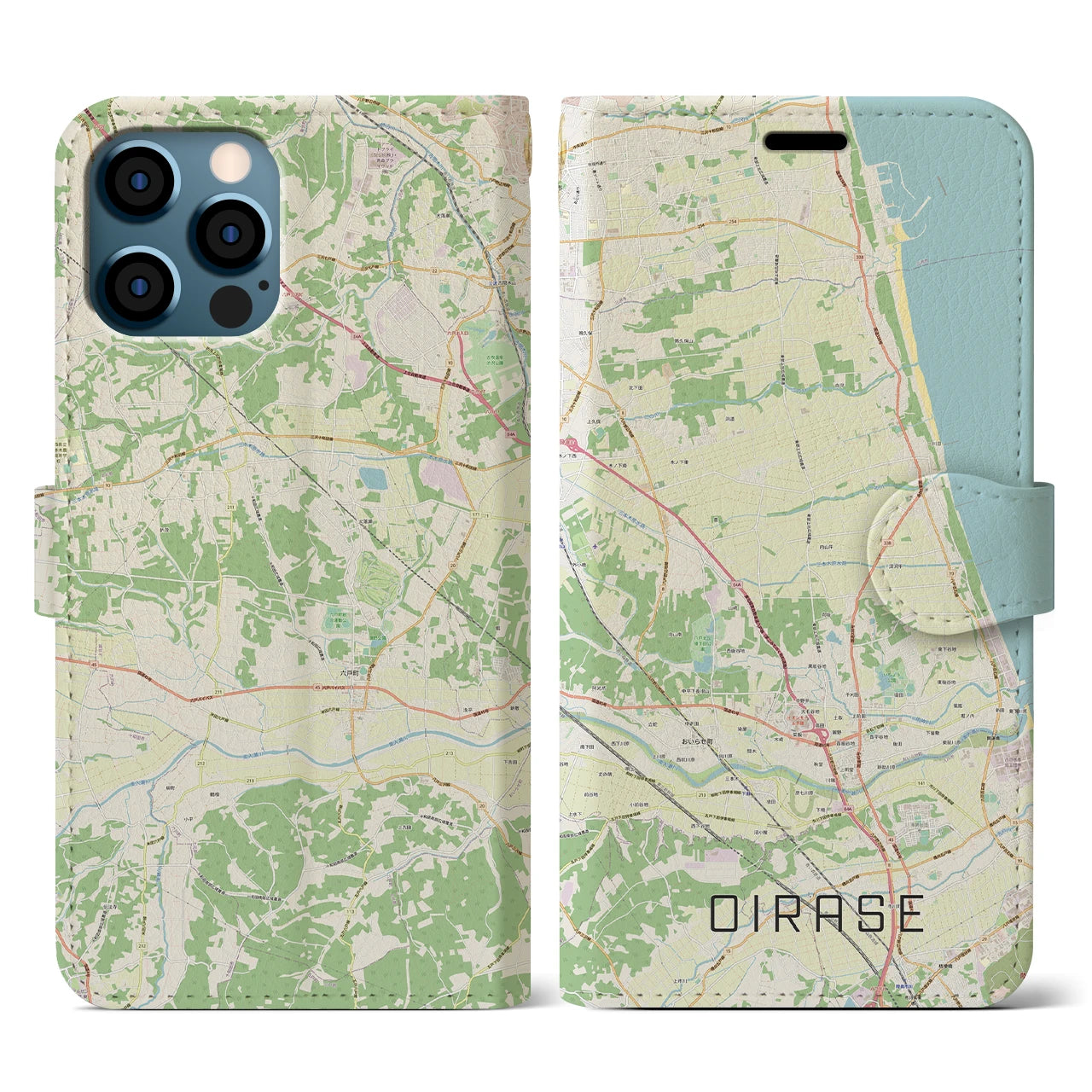 【おいらせ(青森県)】地図柄iPhoneケース(手帳タイプ)ナチュラル・iPhone 12 / 12 Pro 用